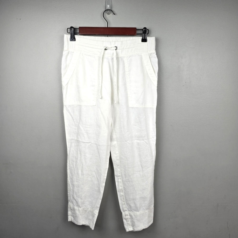 Athleta White Cropped Drawstring Linen-Blend Pants